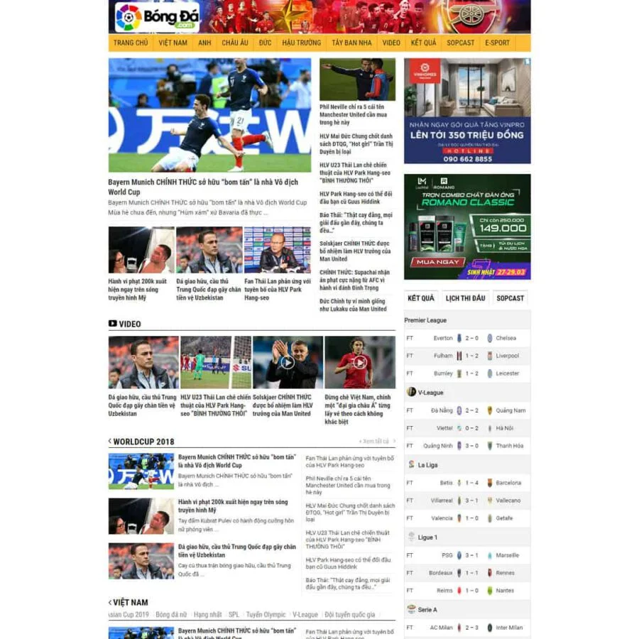 Mẫu website tin tức thể thao, bóng đá